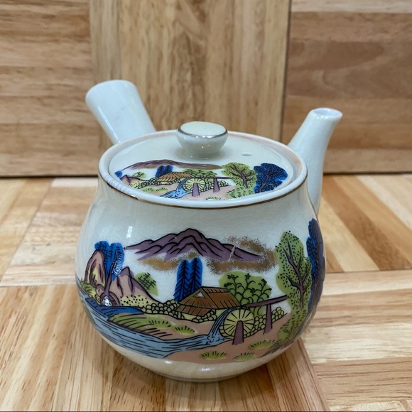 Vintage Japanese Kyusu Hand-painted Teapot Village Scene Teapot & 5 Cups Set - Picture 6 of 15